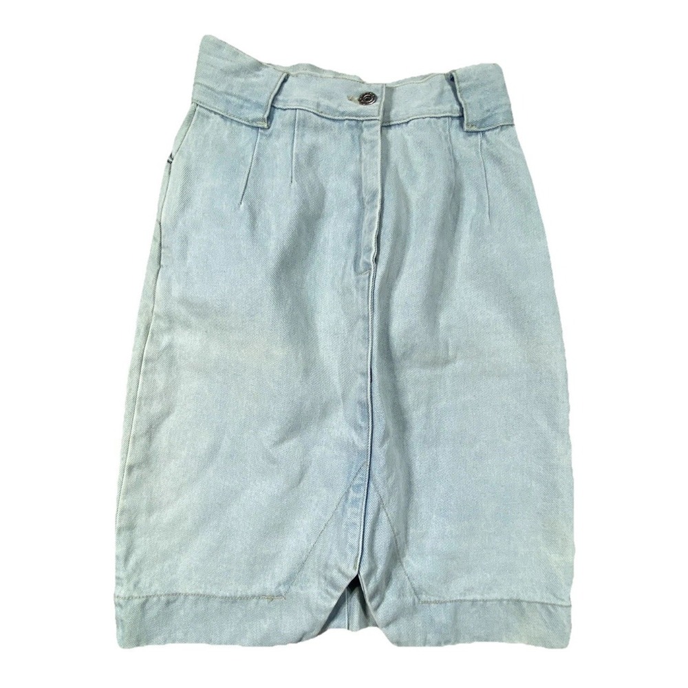 Vintage Denim Skirt Womens 7‎ Blue Light Wash Cotton Pleated Front Summer